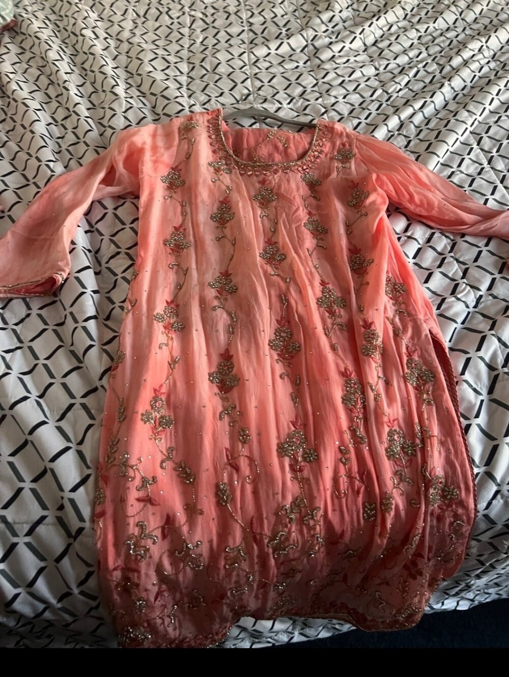 Rhinestone And Mirror Work Coral Salwar Shalwar Kameez - Picture 3 of 11